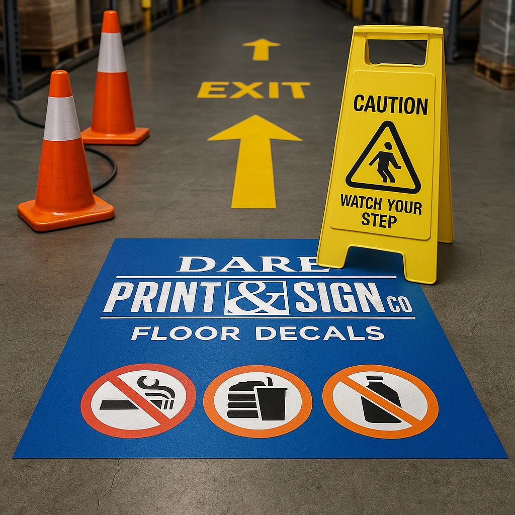 Warehouse floor featuring a blue directional EXIT decal branded with the white "DARE Print & Sign Co." logo. Surrounding the decal are three prohibition icons (no smoking, no food or drink, no glass containers), a yellow "Caution: Watch Your Step" sign, and orange safety cones. A yellow arrow on the floor leads toward a storage area labeled "EXIT."