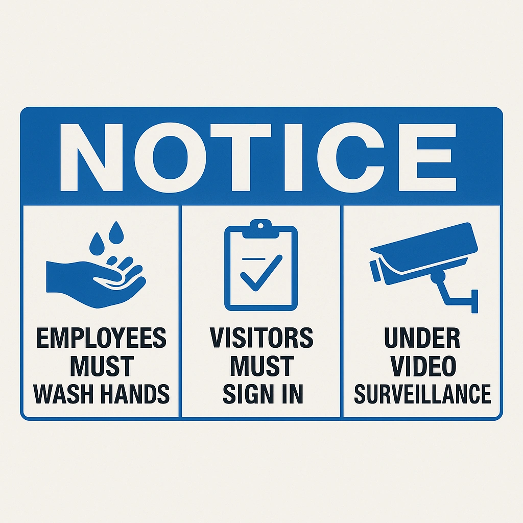 Workplace notice signs requiring handwashing, visitor check-in, and video monitoring.