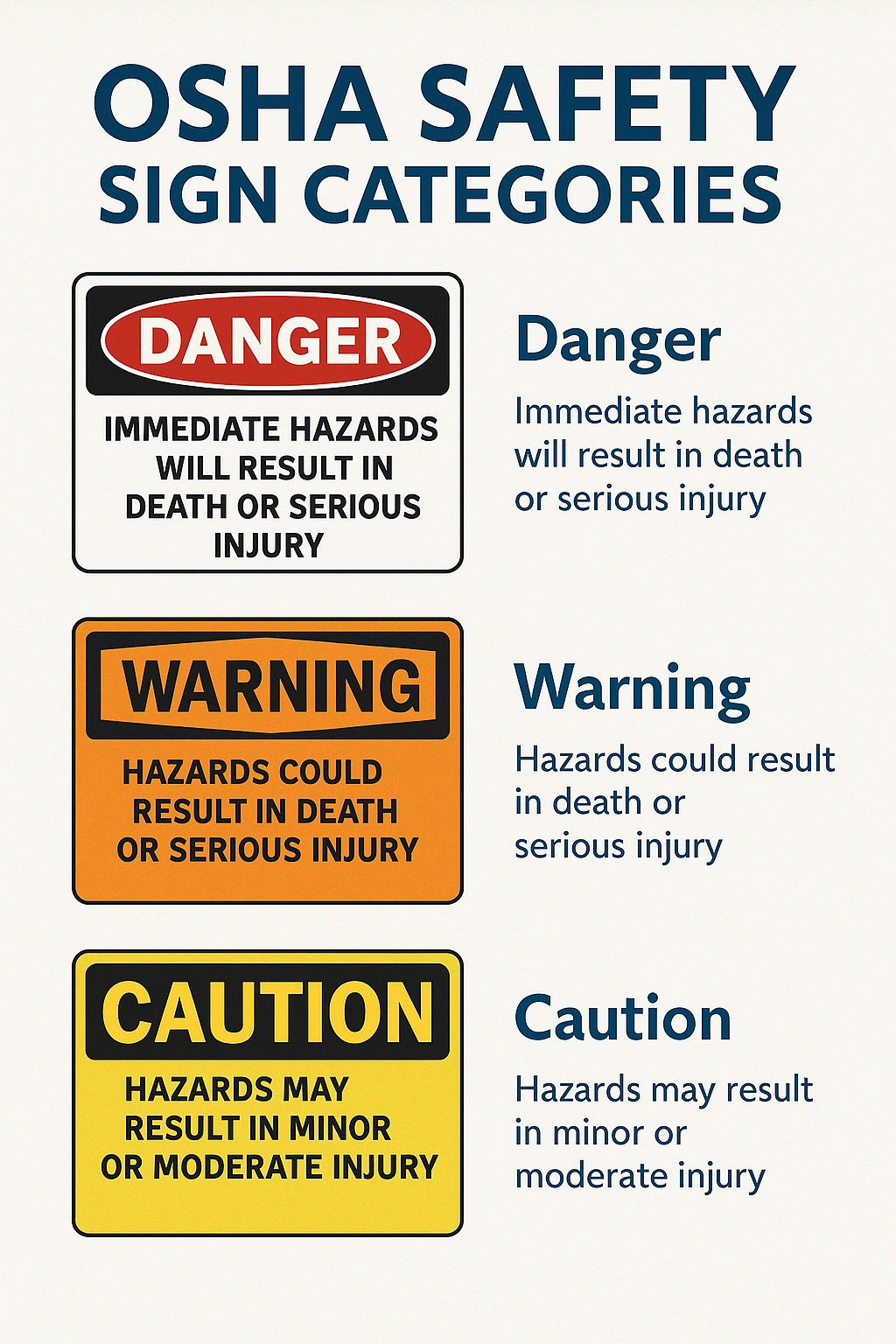Infographic titled "OSHA Safety Sign Categories" showing examples and descriptions of three sign types—Danger (red, immediate hazards causing death or serious injury), Warning (orange, potential for death or serious injury), and Caution (yellow, risks of minor or moderate injury). Each sign includes bold text and a distinct background color.