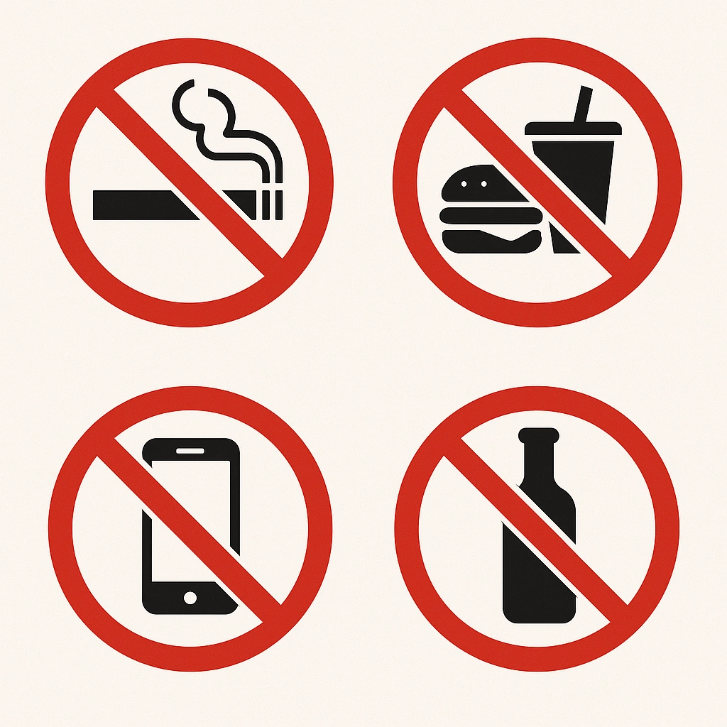 A set of common prohibition safety signs including no smoking and no food or drink.